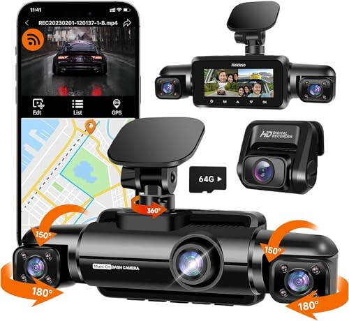 Neideso 360° Dash Cam Front and Rear Inside, 4 Channel FHD 4 * 1080P, Wi-Fi GPS Voice Control Car Camera, Front 2K+1080P*2 Dash Camera for Cars, with 64GB SD Card, Night Vision, 24H Parking Mode(N300) - 3