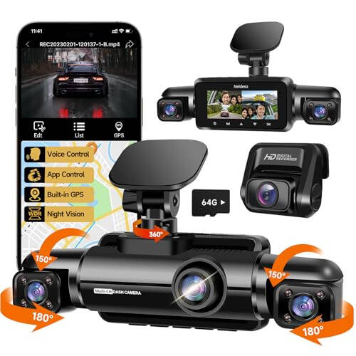 Neideso 360° Dash Cam Front and Rear Inside, 4 Channel FHD 4 * 1080P, Wi-Fi GPS Voice Control Car Camera, Front 2K+1080P*2 Dash Camera for Cars, with 64GB SD Card, Night Vision, 24H Parking Mode(N300) - 1