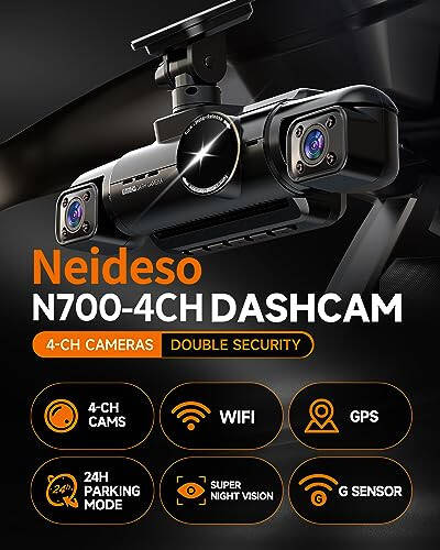 Neideso 360° Ön, Arka ve İç Kamera, 4 Kanal 3K+3*1080P, 5GHz Wi-Fi GPS, Sesli Kontrol, 4K+1080P*2 Araba Kamerası, CPL Filtresi, Ücretsiz 64GB SD Kart, Gece Görüşü, 24 Saat Park Modu (N700) - 2