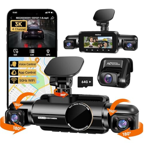 Neideso 360° Ön, Arka ve İç Kamera, 4 Kanal 3K+3*1080P, 5GHz Wi-Fi GPS, Sesli Kontrol, 4K+1080P*2 Araba Kamerası, CPL Filtresi, Ücretsiz 64GB SD Kart, Gece Görüşü, 24 Saat Park Modu (N700) - 1