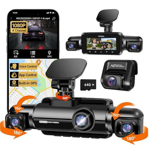 Neideso 360° Ön ve Arka İç Dash Cam, 4 Kanal FHD 4 * 1080P, Wi-Fi GPS Ses Kontrolü Araç Kamerası, Ön 2K+1080P*2 Araç Dash Kamerası, 64GB SD Kart, Gece Görüşü, 24 Saat Park Modu (N300) - 2