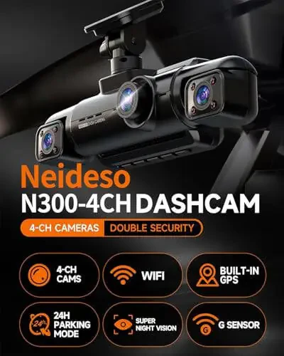 Neideso 360° Dash Cam Front and Rear Inside, 4 Channel FHD 4 * 1080P, Wi-Fi GPS Voice Control Car Camera, Front 2K+1080P*2 Dash Camera for Cars, with 64GB SD Card, Night Vision, 24H Parking Mode(N300) - 4