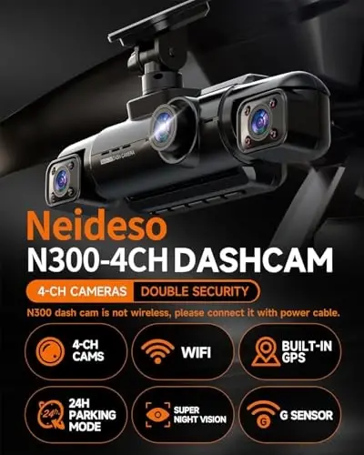 Neideso 360° Ön ve Arka İç Dash Cam, 4 Kanal FHD 4 * 1080P, Wi-Fi GPS Ses Kontrolü Araç Kamerası, Ön 2K+1080P*2 Araç Dash Kamerası, 64GB SD Kart, Gece Görüşü, 24 Saat Park Modu (N300) - NEIDESO
