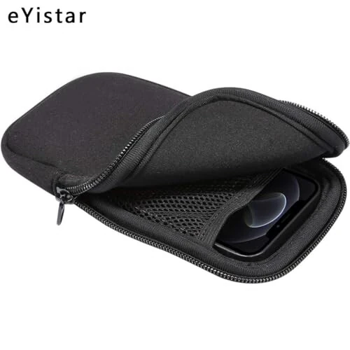 Neoprene Shock Absorbing Proof Pouch Large Cell Phone Sleeve Case Cover w Zipper/Neck Strap for iPhone 14 Plus Samsung Galaxy Note20 Ultra S22 Ultra A13 A03 A23 Moto G Power 2022 LG Stylo 6 (Black) - 4