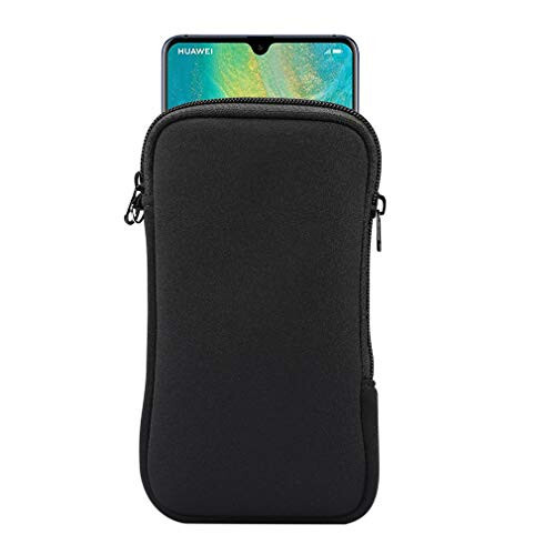 Neoprene Shock Absorbing Proof Pouch Large Cell Phone Sleeve Case Cover w Zipper/Neck Strap for iPhone 14 Plus Samsung Galaxy Note20 Ultra S22 Ultra A13 A03 A23 Moto G Power 2022 LG Stylo 6 (Black) - 1