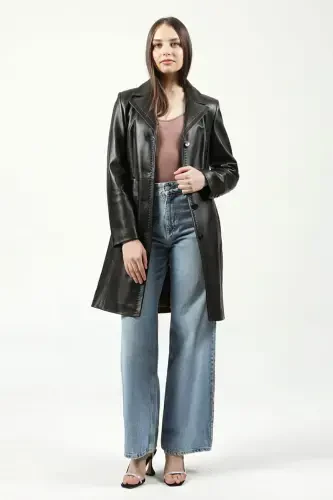 Neri Real Leather Women's Coat Brown-BROWN - DERICLUB (1)