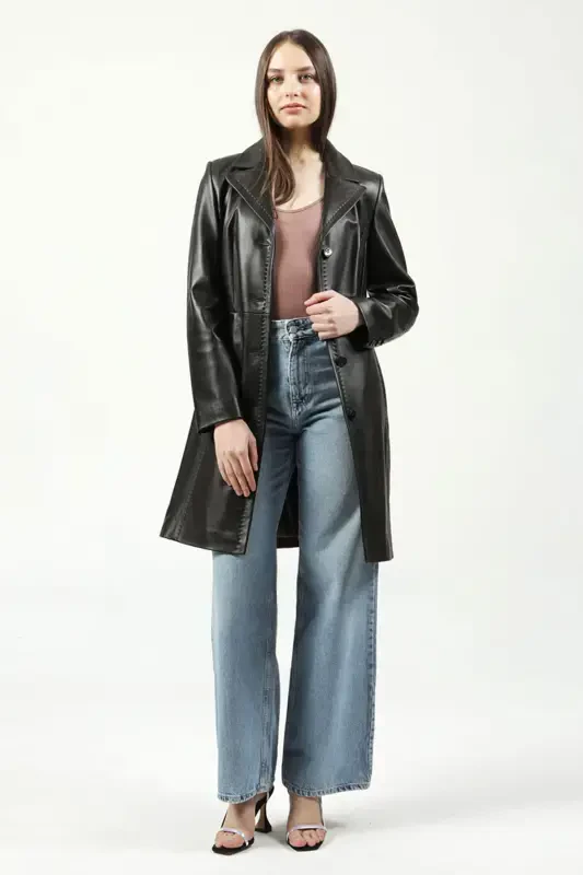 Neri Real Leather Women's Coat Brown-BROWN - 2