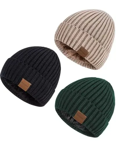 Nertpow Mens Beanie Hats 3 Pack, Winter Hats for Men Women Warm Thermal Fleece Lined, Thick Knit Fashion Skull Cap for Guys - 1