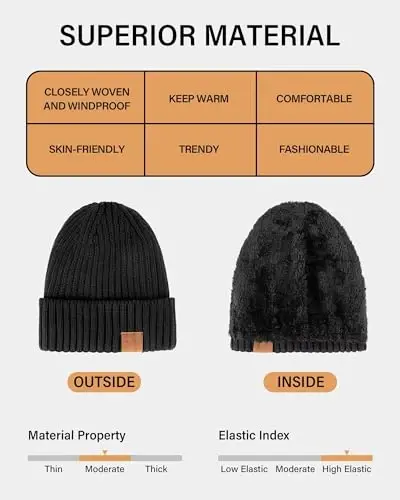Nertpow Mens Beanie Hats 3 Pack, Winter Hats for Men Women Warm Thermal Fleece Lined, Thick Knit Fashion Skull Cap for Guys - 2