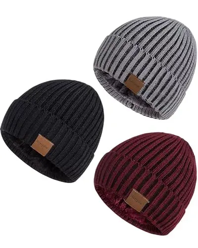 Nertpow Mens Beanie Hats 3 Pack, Winter Hats for Men Women Warm Thermal Fleece Lined, Thick Knit Fashion Skull Cap for Guys - 1