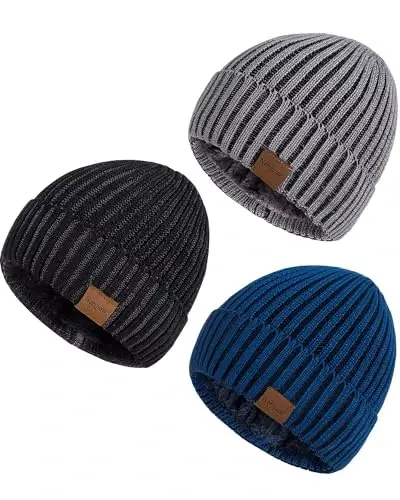 Nertpow Mens Beanie Hats 3 Pack, Winter Hats for Men Women Warm Thermal Fleece Lined, Thick Knit Fashion Skull Cap for Guys - 1
