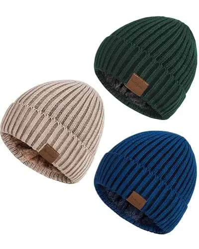 Nertpow Mens Beanie Hats 3 Pack, Winter Hats for Men Women Warm Thermal Fleece Lined, Thick Knit Fashion Skull Cap for Guys - 1