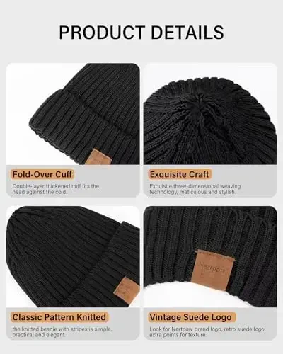 Nertpow Mens Beanie Hats 3 Pack, Erkaklar va ayollar uchun qishki shlyapalar Issiq termal junli, Qalin trikotaj moda bosh suyagi qopqog'i yigitlar uchun - 4