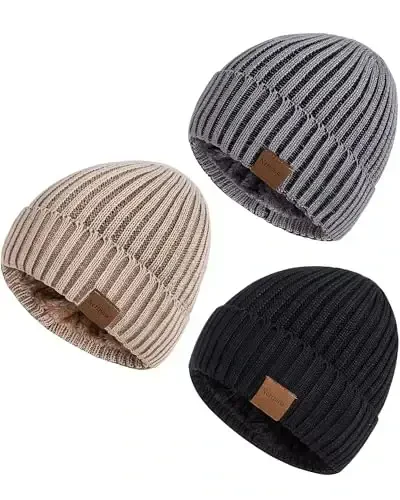 Nertpow Mens Beanie Hats 3 Pack, Winter Hats for Men Women Warm Thermal Fleece Lined, Thick Knit Fashion Skull Cap for Guys - MODAZONE