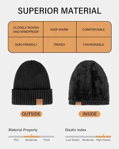 Nertpow Mens Beanie Hats 3 Pack, Winter Hats for Men Women Warm Thermal Fleece Lined, Thick Knit Fashion Skull Cap for Guys - 2