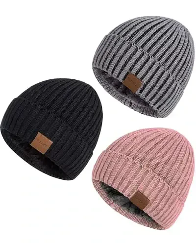 Nertpow Mens Beanie Hats 3 Pack, Winter Hats for Men Women Warm Thermal Fleece Lined, Thick Knit Fashion Skull Cap for Guys - 1