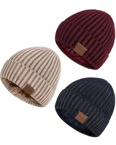 Nertpow Mens Beanie Shlyapalar 3 dona, Erkaklar uchun qishki shlyapalar Ayollar uchun issiq termal junli astarli, Qalin trikotaj moda bosh suyagi qopqog'i yigitlar uchun - 1
