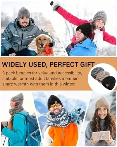 Nertpow Mens Beanie Shlyapalar 3 dona, Erkaklar uchun qishki shlyapalar Ayollar uchun issiq termal junli astarli, Qalin trikotaj moda bosh suyagi qopqog'i yigitlar uchun - 7