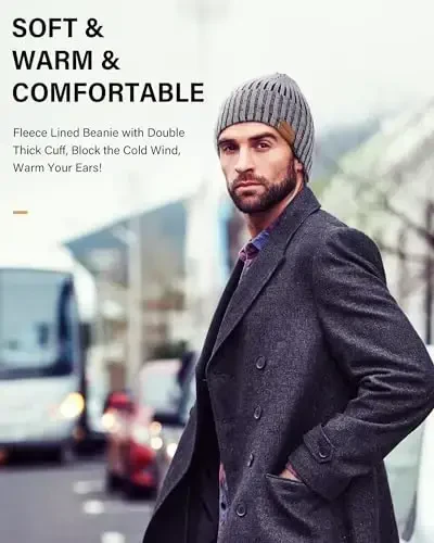 Nertpow Mens Beanie Shlyapalar 3 to'plami, Erkaklar va Ayollar uchun Qishki Shlyapalar Issiq Termal Fleece Astarli, Yigitlar uchun Qalin Trikotaj Moda Bosh Suyagi Shapka - 5