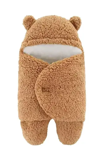 Nesli 0-6 Ay Wellsoft Uyku Tulumu Yeni Doğan Kapüşonlu Sarma Battaniye Peluş Bebek Dış Kundak - Kahve - BUNDEBA (1)