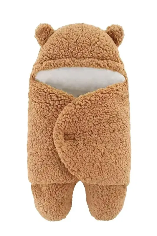 Nesli 0-6 Ay Wellsoft Uyku Tulumu Yeni Doğan Kapüşonlu Sarma Battaniye Peluş Bebek Dış Kundak - Kahve - 2