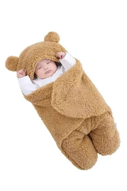 Nest 0-6 Months Wellsoft Sleeping Bag Newborn Hooded Swaddle Blanket Plush Baby Outer Swaddle-Coffee - BUNDEBA