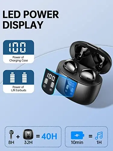 Wireless Earbud Bluetooth 5.3 Headphones 40H Playtime Earphones with HD Dou-Mic, Sports Bluetooth Headphone with Digital LCD Display, IP7 Waterproof Headphones Noise Cancelling Earbud Touch Control - WASART (1)