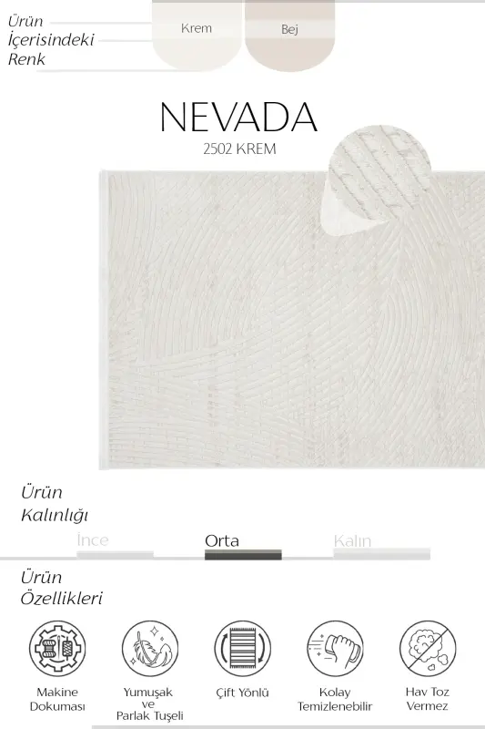 Nevada 2502 Krem Bej Modern Kabartmalı Yumuşak Kolay Temizlenen Düz Renk Salon Oturma Odası Halısı - Krem 4 - 4