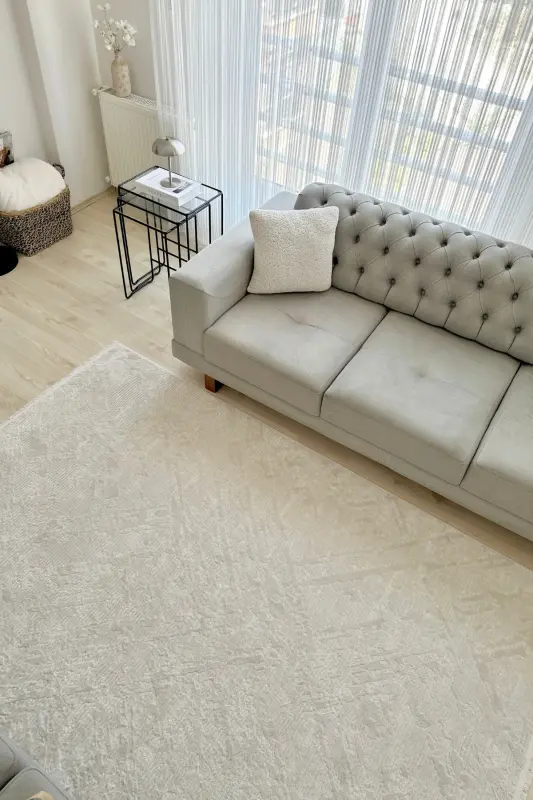 Nevada 2504 Krem Bej Makine Halısı Yumuşak Kabartmalı Düz Halı Yazlık Oda Oturma Odası Salon Halısı-Beyaz - 1