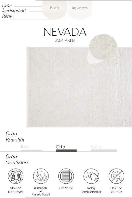 Nevada 2504 Krem Bej Makine Halısı Yumuşak Kabartmalı Düz Halı Yazlık Oda Oturma Odası Salon Halısı-Beyaz - 4