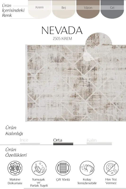 Nevada 2505 Bej Vizon Gilam Geometrik Naqshli Yumshoq Atlas Ko'rinishli Uy Xona Mehmonxona Zal Gilami-Vizon 9 - 3