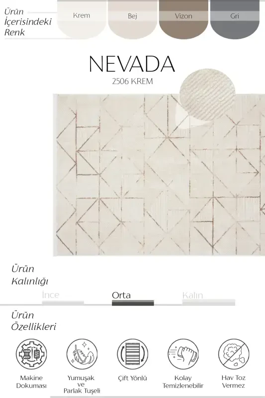 Nevada 2506 Cream Mink Geometric Patterned Carpet Machine Woven Soft Home Room Living Room Sitting Room Carpet-Cream 2 - 8