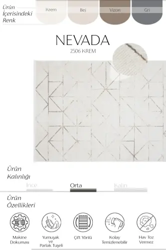 Nevada 2506 Krem Vizon Geometrik Desenli Halı Makine Dokuma Yumuşak Ev Oda Salon Oturma Odası Halısı - Krem 2 - 3