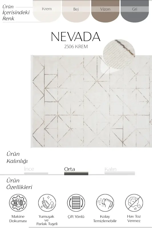 Nevada 2506 Krem Vizon Geometrik Desenli Halı Makine Dokuma Yumuşak Ev Oda Salon Oturma Odası Halısı - Krem 2 - 3