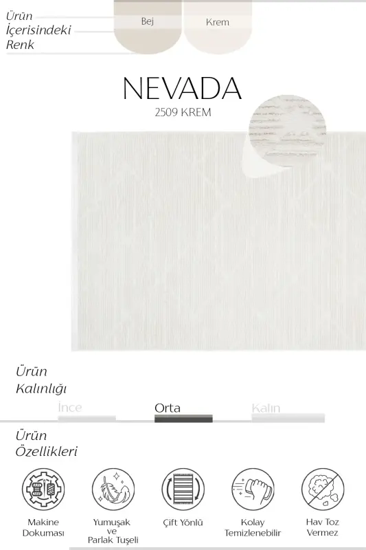 Nevada 2509 Krem Kabartmalı Halı Yumuşak Saçaklı Modern Ev Oda Salon Oturma Odası Yatak Odası Halısı - Bej Beyaz - 3