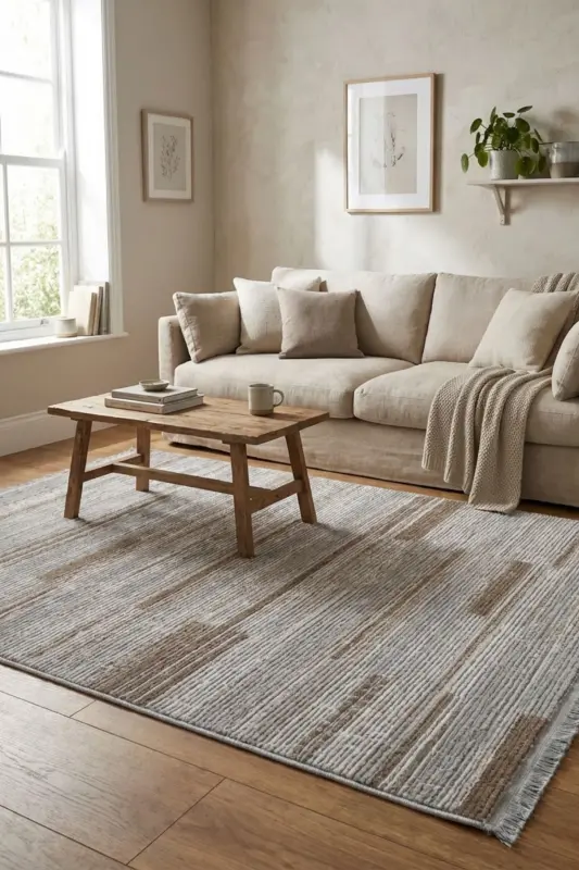 Nevada Gri Kahve Makine Halısı Çizgili Renkli Modern Yumuşak Parlak Dokuma Oturma Odası Salon Halısı-Kahverengi - 1