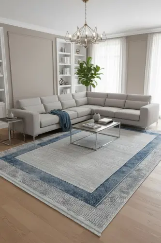 Nevada Gri Mavi Oturma Odası Halısı Çerçeve Desenli Salon Halısı Yumuşak Dokulu Parlak Klasik Halı - Gri 11 