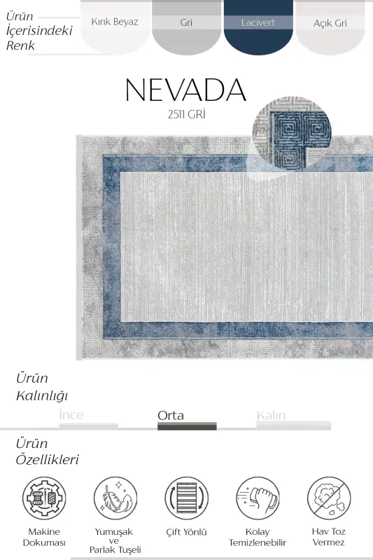 Nevada Gri Mavi Oturma Odası Halısı Çerçeve Desenli Salon Halısı Yumuşak Dokulu Parlak Klasik Halı - Gri 11 - 4