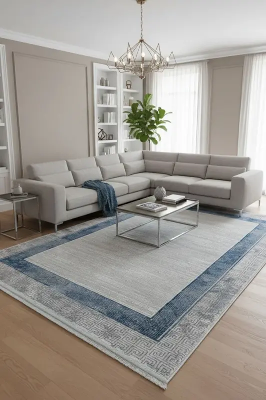 Nevada Gri Mavi Oturma Odası Halısı Çerçeve Desenli Salon Halısı Yumuşak Dokulu Parlak Klasik Halı-Gri 11 - COOL HALI