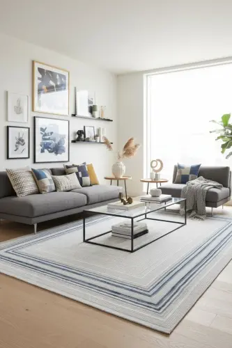 Nevada Gri Mavi Simetrik Halı Çizgili Çerçeveli Klasik Yumuşak Doku Ev Oda Oturma Odası Salon Halısı-Gri 12 - 1