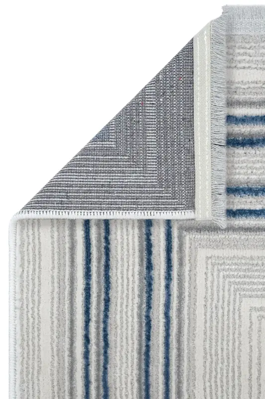 Nevada Gri Mavi Simetrik Halı Çizgili Çerçeveli Klasik Yumuşak Doku Ev Oda Oturma Odası Salon Halısı-Gri 12 - 7