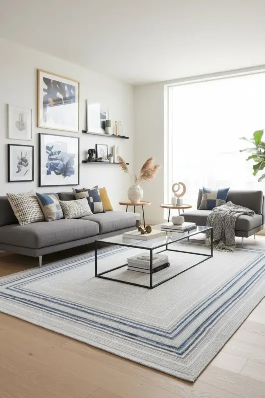 Nevada Gri Mavi Simetrik Halı Çizgili Çerçeveli Klasik Yumuşak Doku Ev Oda Oturma Odası Salon Halısı-Gri 12 - COOL HALI