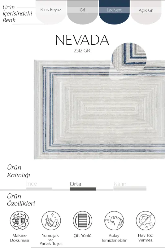 Nevada Gri Mavi Simetrik Halı Çizgili Çerçeveli Klasik Yumuşak Doku Ev Oda Oturma Odası Salon Halısı-Gri 12 - 4