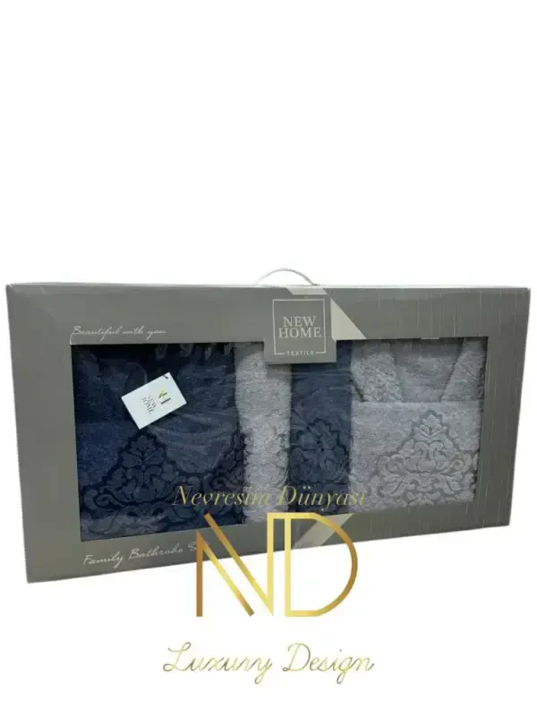 Nevresim Dünyası Jacquard Bathrobe Set Navy Blue Gray - 1
