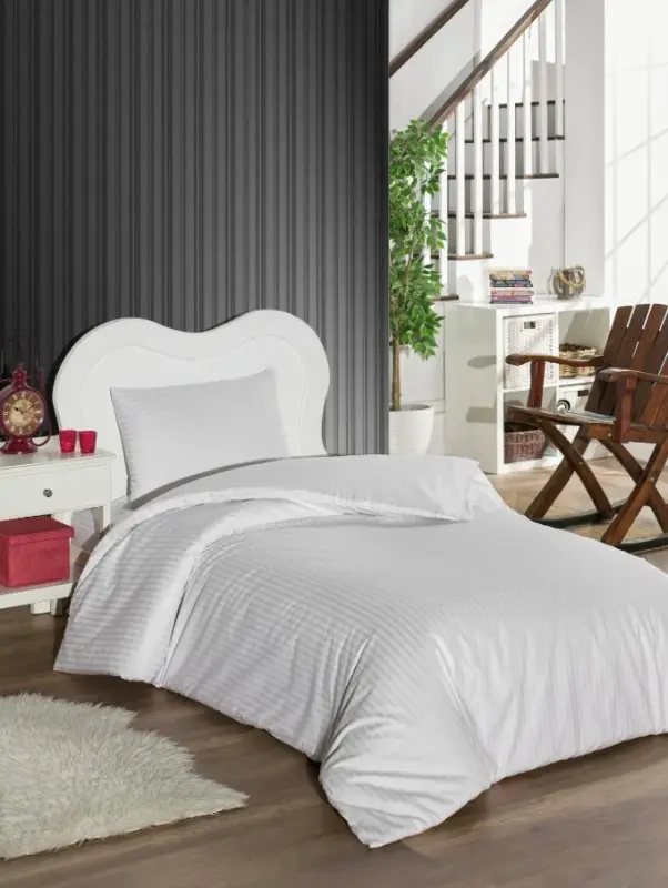 Nevresim Dünyası Tek Kişilik Çizgili Saten Nevresim Takımı Beyaz - NEVRESIMDUNYASI