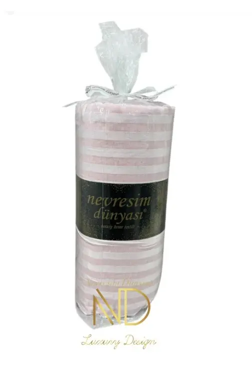 Nevresim Dunyosi Chiziqli Chift Kişilik Fitted Micro Saten Charshaf va 2 Yostiq Qilifi Pembe - 1