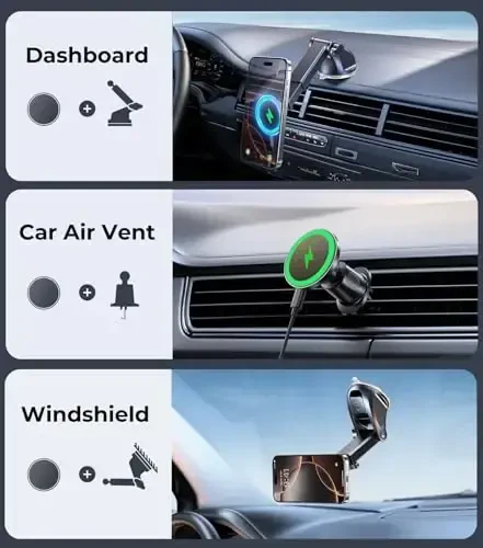 New 2025 Vacuum Magnetic Phone Suction Holder, 15W Wireless Charger for MagSafe Car Mount & Dashboard Windshield Vent Holder, All-Weather Suction for Uber, iPhone 16/15/14 Pro Max Plus - 5
