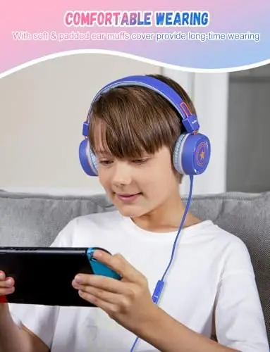 New Bee 2 Adet Mikrofonlu Çocuk Kulaklığı, 85dB/94dB Güvenli Ses Sınırlı Çocuk Kulaklığı, Okul Seyahat için Katlanabilir Kablolu Küçük Çocuk Kulak Üstü Kulaklık Mac/Android/Kindle/Tablet/Pad Mavi Pembe - NEW BEE (1)