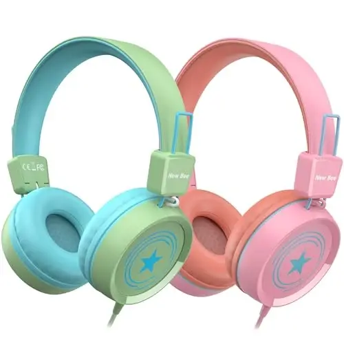 New Bee 2 Pack Kids Headphones with Microphone, 85dB/94dB Safe Volume Limited Childrens Headset, Foldable Wired Toddler Headphones Over Ear for School Travel Mac/Android/Kindle/Tablet/Pad- Green Pink 
