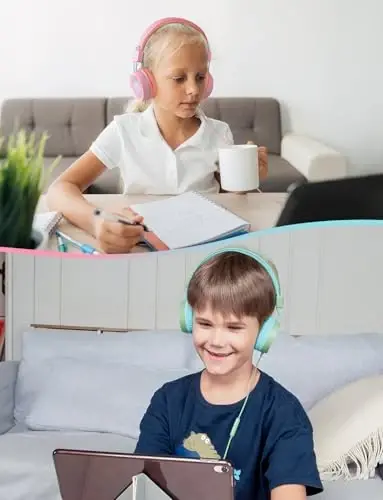 New Bee 2 Adet Mikrofonlu Çocuk Kulaklığı, 85dB/94dB Güvenli Ses Sınırlı Çocuk Kulaklığı, Okul Seyahatleri için Katlanabilir Kablolu Küçük Çocuk Kulak Üstü Kulaklık Mac/Android/Kindle/Tablet/Pad - Yeşil Pembe 